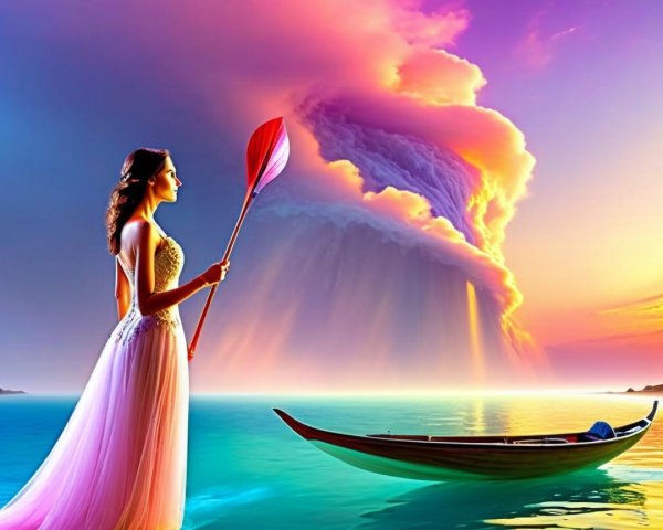 Woman by Water Body with Paddle and Colorful Sky