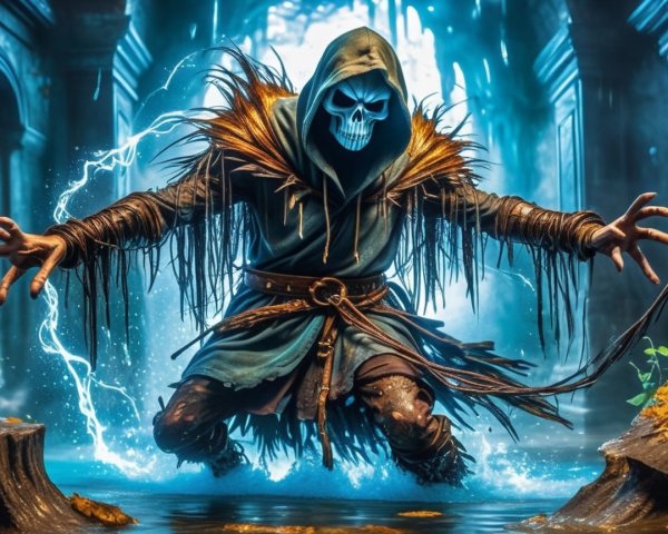 Mysterious Cloaked Figure in Mystical Ruins