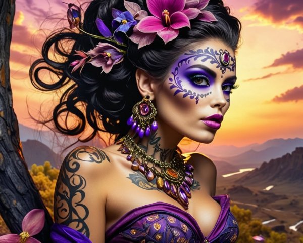Woman in Purple Attire Against Sunset Backdrop