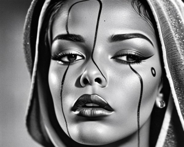 Black-and-white portrait of a woman with dramatic makeup