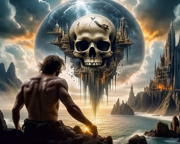 Muscular Figure Overlooks Fantastical Gothic Landscape