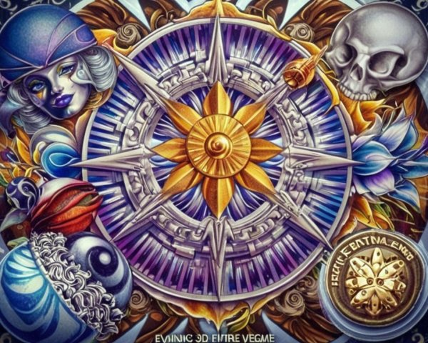 Intricate Compass Rose Design with Skull and Flowers