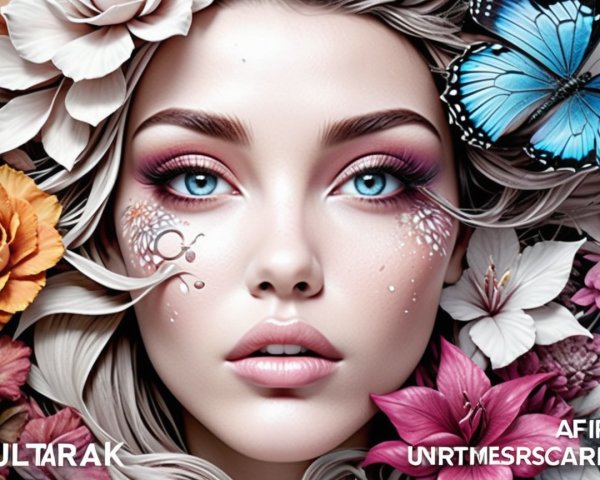 Close-Up Portrait of a Woman with Flowers and Butterflies