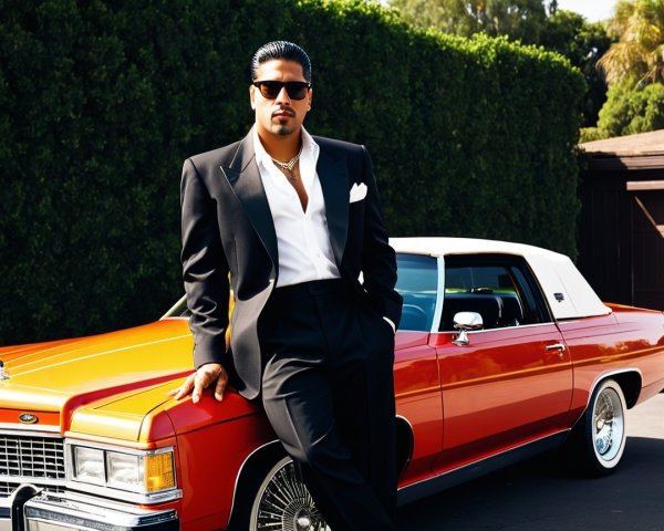 Stylish Individual in Tuxedo by Vintage Car