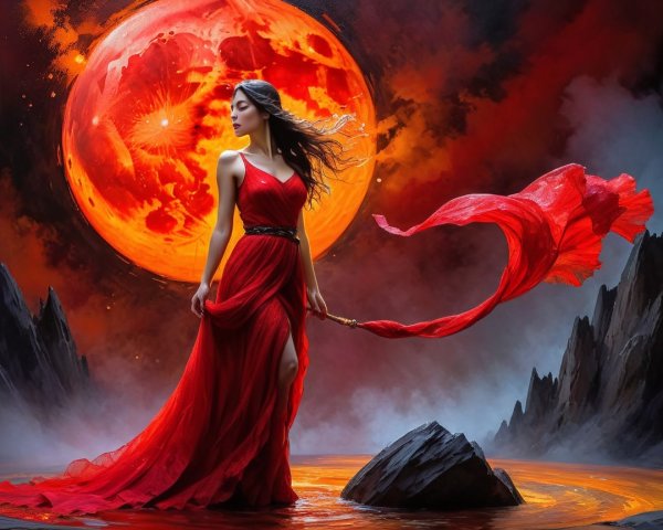 Figure in Red Gown Against Dramatic Moonlit Landscape