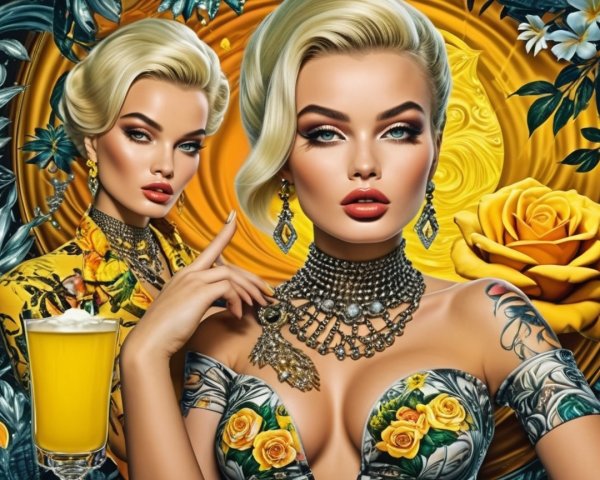 Glamorous Women in Floral Outfits with Yellow Roses