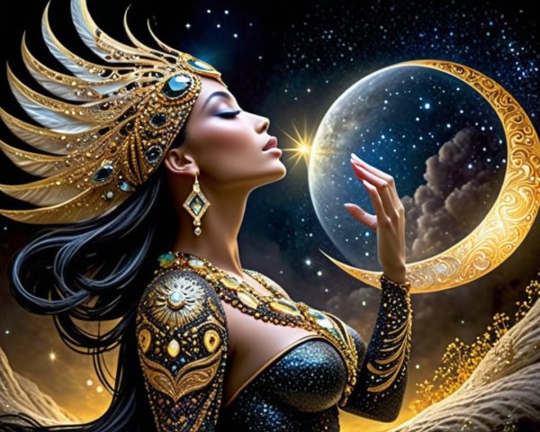 Elegant Woman in Golden Attire Against Cosmic Backdrop