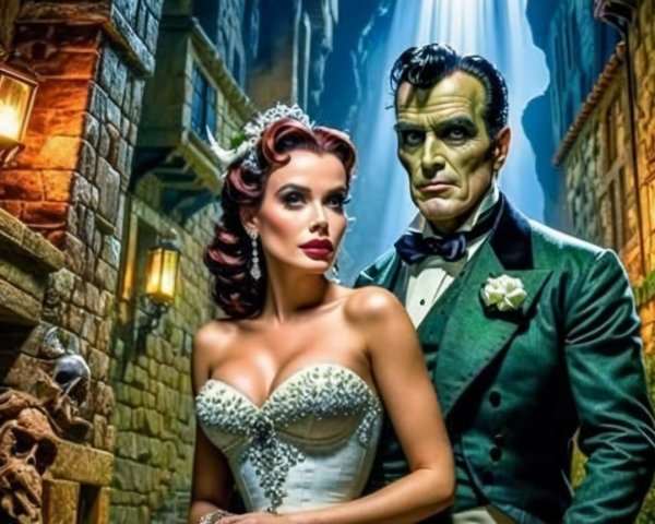 Glamorous Woman and Monstrous Man in Gothic Setting