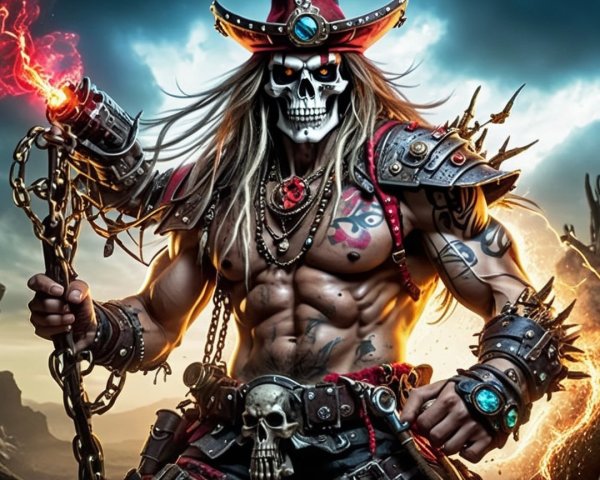 Powerful Pirate Warrior in Elaborate Armor and Stormy Scene