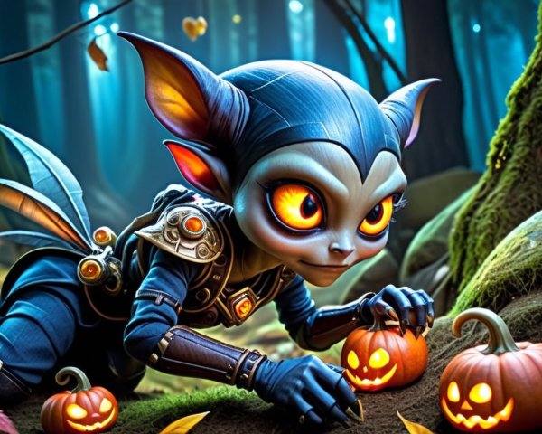 Charming Creature Inspects Pumpkins in Autumn Forest