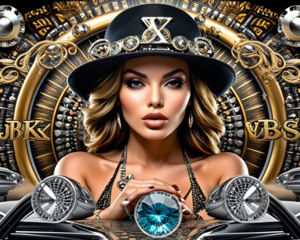 Elegant Woman in Black Hat Against Glamorous Background