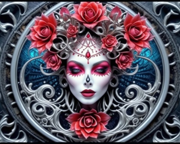 Artistic Portrait of Woman with Roses and Silver Designs