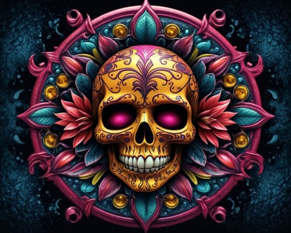Vibrant Decorative Skull Surrounded by Floral Elements