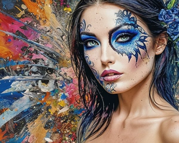 Portrait of a Woman with Vibrant Face Paint and Colors