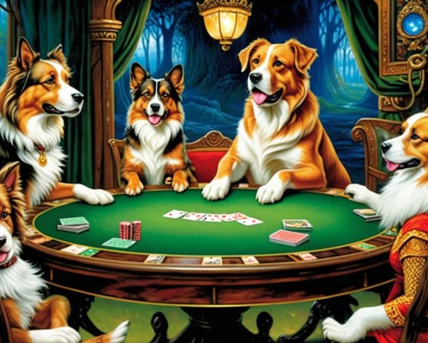 Dogs Playing Poker in a Whimsical Forest Setting