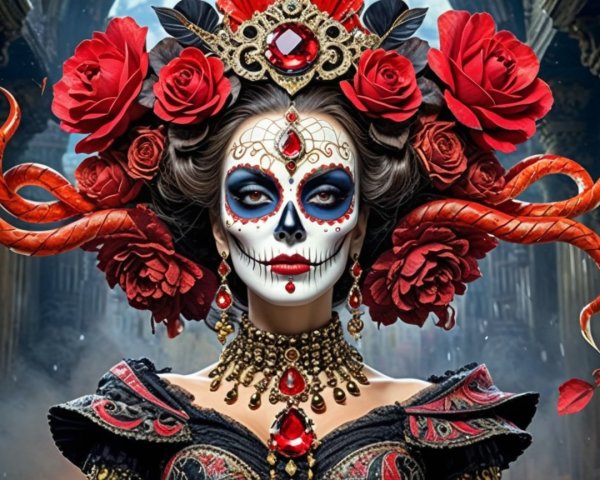 Vibrant Figure with Sugar Skull Makeup and Roses