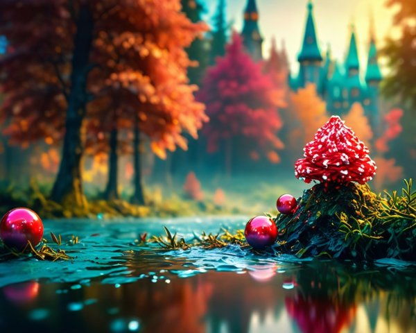 Autumn Scene with Castle, Mushroom, and Reflective Pond