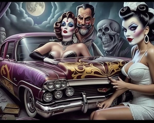Vintage Scene with Glamorous Women and Classic Car