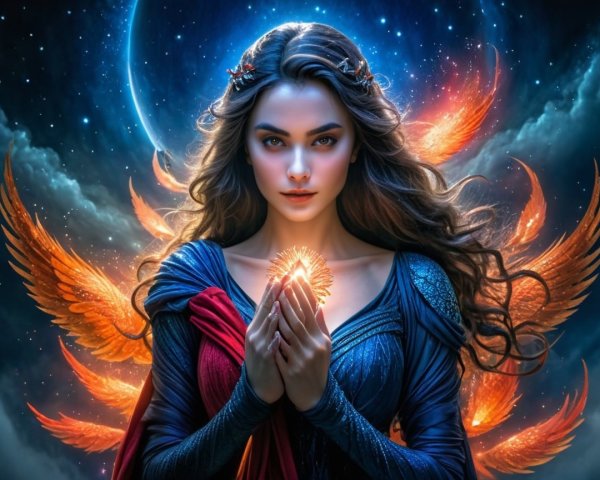 Mystical Figure with Fiery Wings and Radiant Orb
