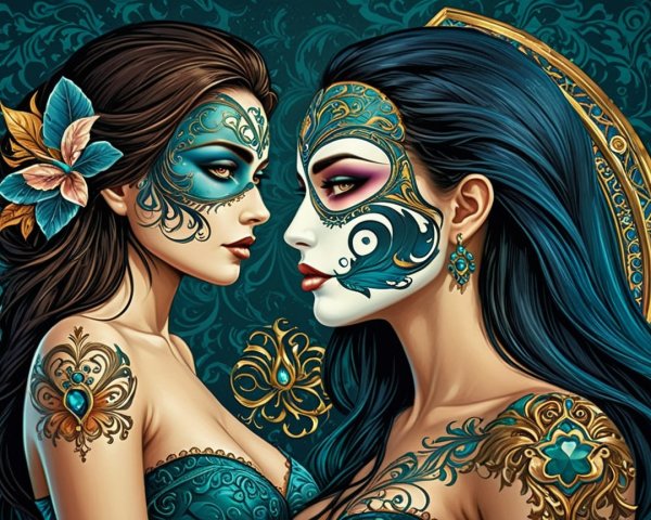 Elegant Women with Intricate Face Paint and Body Art