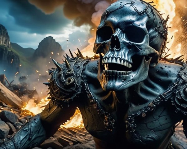 Skeletal Figure in Fiery Explosion with Dark Mountains