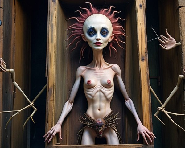 Surreal Grotesque Figure in Wooden Frame Description