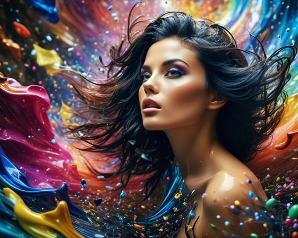 Portrait of a woman amid vibrant swirling colors