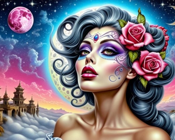 Ethereal Woman with Silver Hair in Cosmic Setting