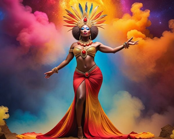 Regal figure in vibrant gown with cosmic background