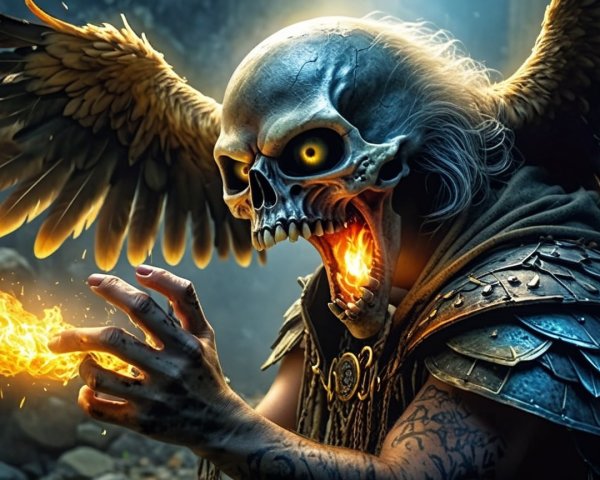 Skeletal Figure with Glowing Eyes and Flames