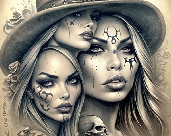 Monochromatic Illustration of Women with Facial Tattoos