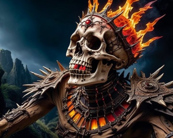 Skeletal Figure with Fiery Crown in Dark Landscape