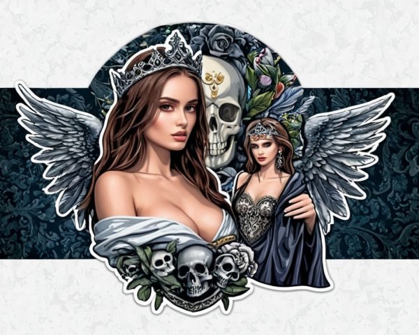 Woman with Wings and Skull in Gothic Design