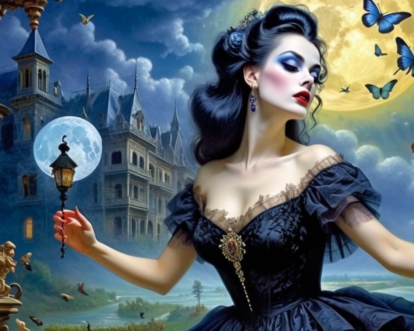 Elegant Woman in Black Gown in Moonlit Landscape