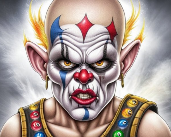 Menacing Clown with Bald Head and Colorful Outfit