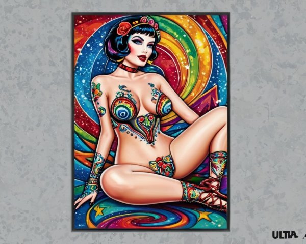 Colorful Artwork of Seated Woman with Tattoos