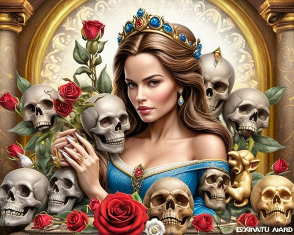 Regal Woman in Blue Gown with Roses and Skulls