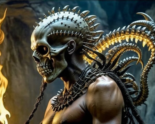 Muscular Figure with Skull Head and Spine Protrusions