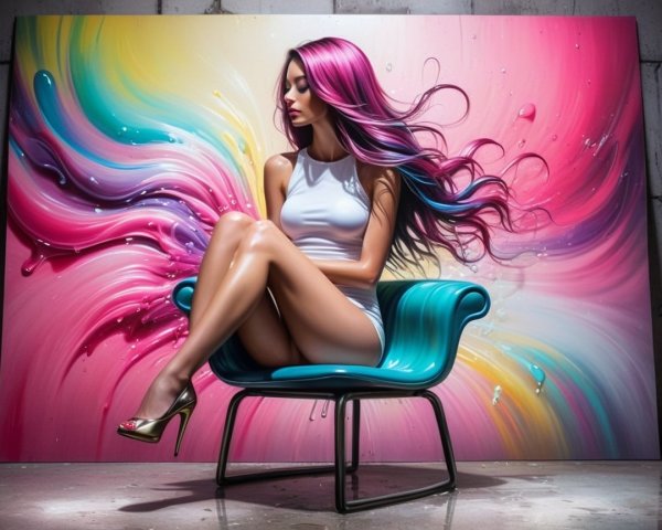 Stylish Woman with Colorful Hair and Abstract Art