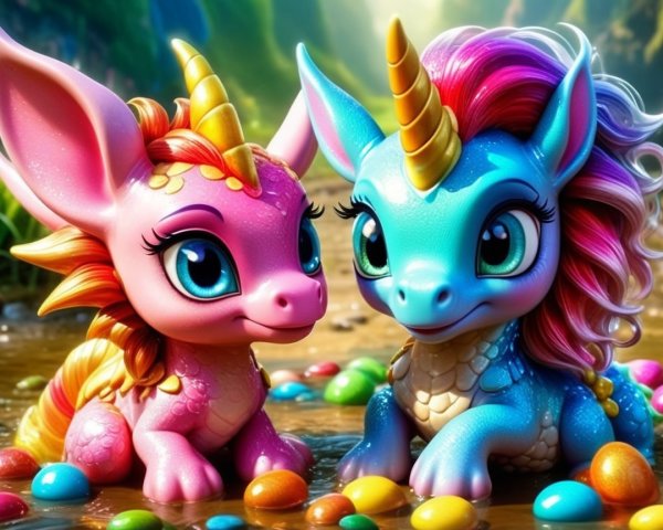 Colorful Cartoon Unicorns by a Sparkling Stream