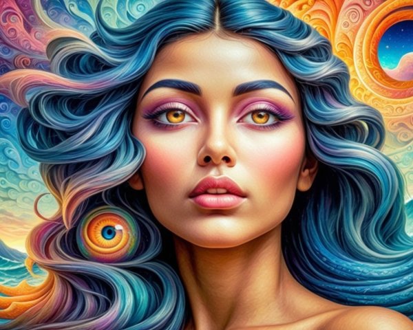 Portrait of a Woman with Blue Hair and Golden Eyes