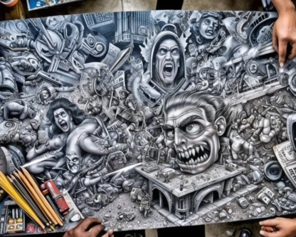 Monochromatic Mural with Surreal and Comic Elements