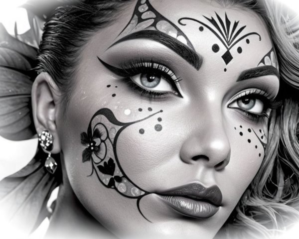 Black and white portrait of a woman with face paint