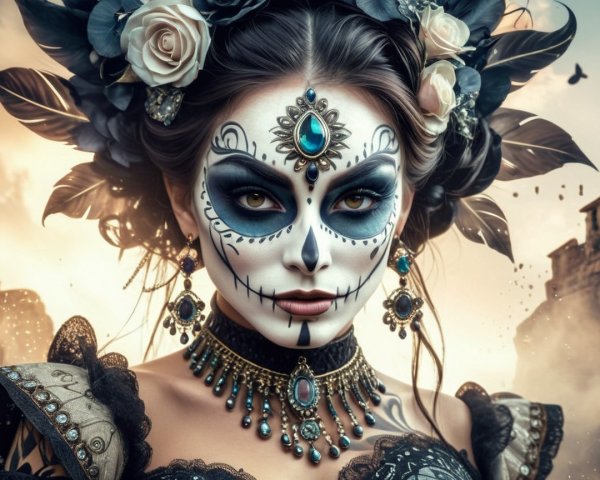 Portrait of a Woman with Sugar Skull Makeup and Roses