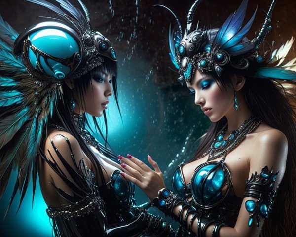 Ethereal Figures in Intricate Costumes with Blue Glow