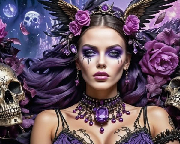 Striking woman with dramatic purple makeup and crown