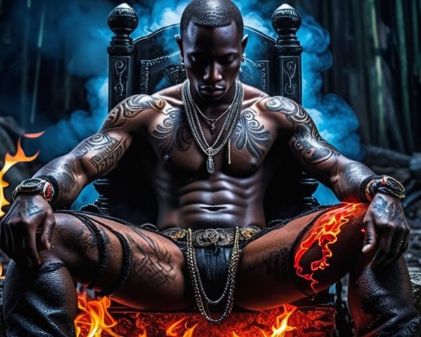 Muscular Man on Throne Surrounded by Flames and Smoke