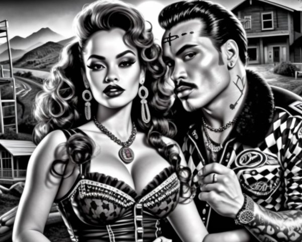 Black-and-White Illustration of Glamorous Couple