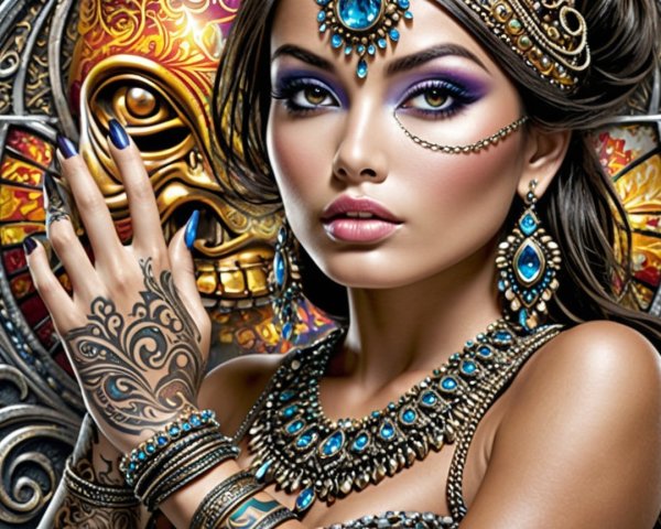 Portrait of a Woman in Jewelry with Bold Makeup