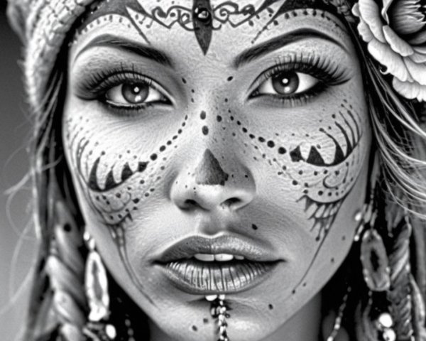 Black-and-White Portrait of a Woman with Face Paint